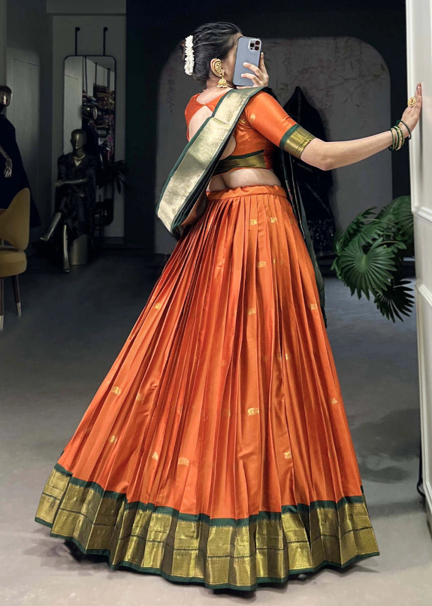 Carrot Orange Silk Lehenga Choli Featuring Paithani Jacquard Weaving - House of Sarvati LLC
