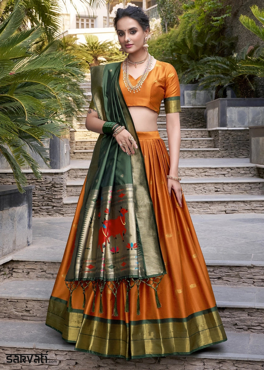 Carrot Orange Silk Lehenga Choli Featuring Paithani Jacquard Weaving - House of Sarvati LLC