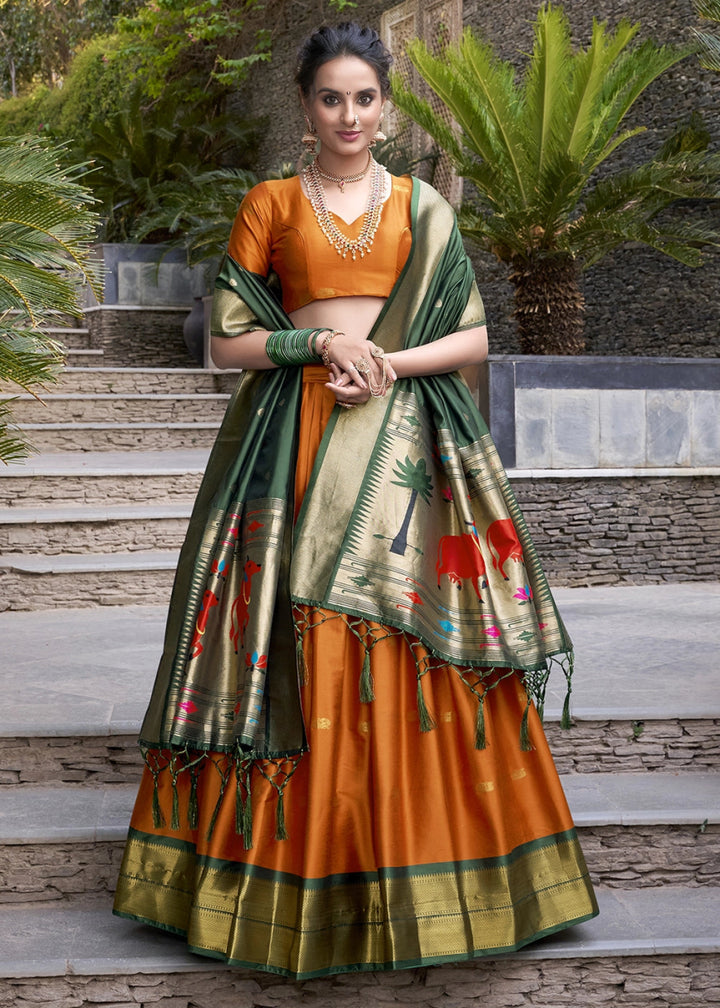 Carrot Orange Silk Lehenga Choli Featuring Paithani Jacquard Weaving - House of Sarvati LLC