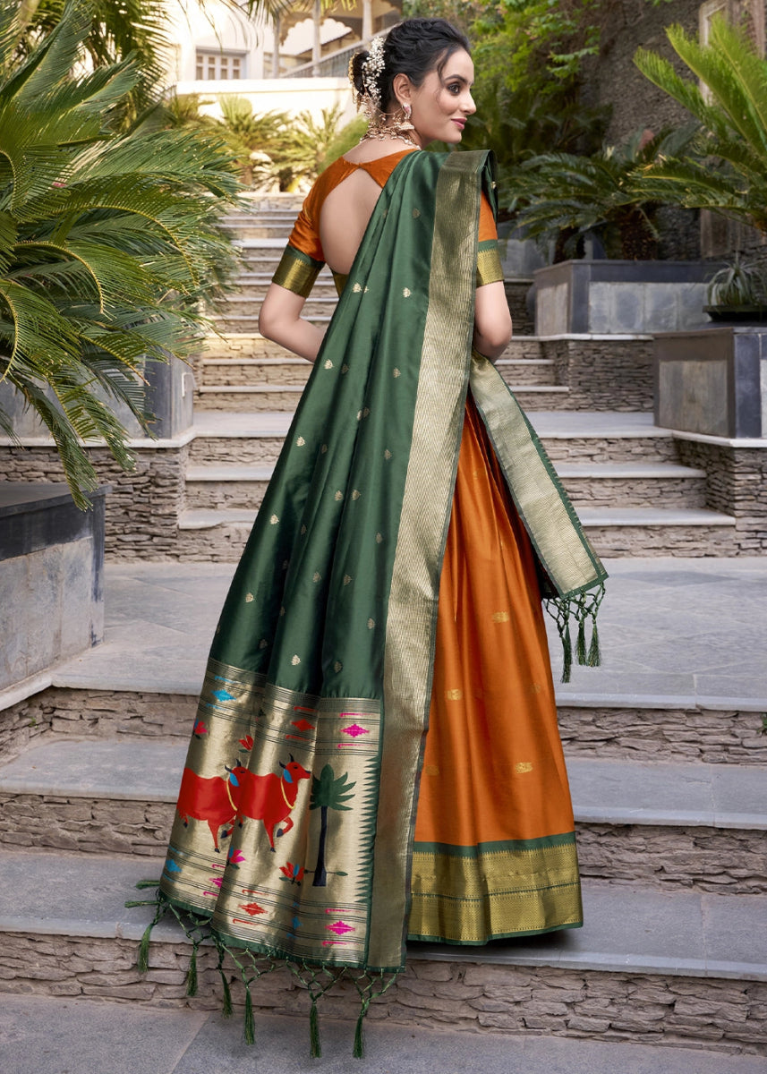 Carrot Orange Silk Lehenga Choli Featuring Paithani Jacquard Weaving - House of Sarvati LLC