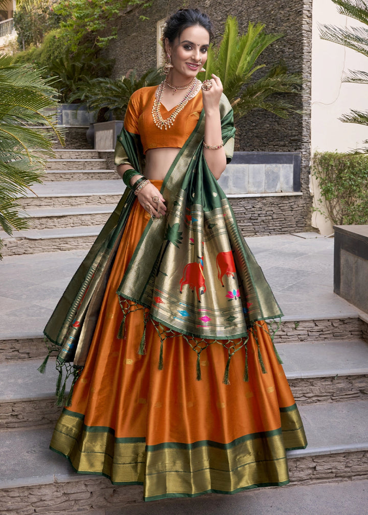 Carrot Orange Silk Lehenga Choli Featuring Paithani Jacquard Weaving - House of Sarvati LLC