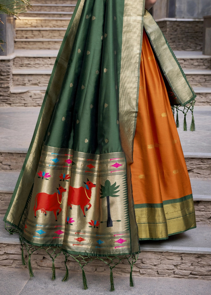 Carrot Orange Silk Lehenga Choli Featuring Paithani Jacquard Weaving - House of Sarvati LLC