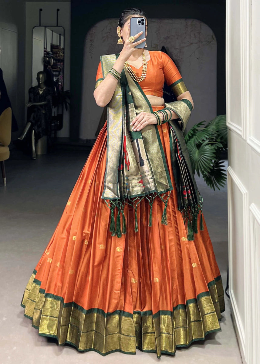 Carrot Orange Silk Lehenga Choli Featuring Paithani Jacquard Weaving - House of Sarvati LLC