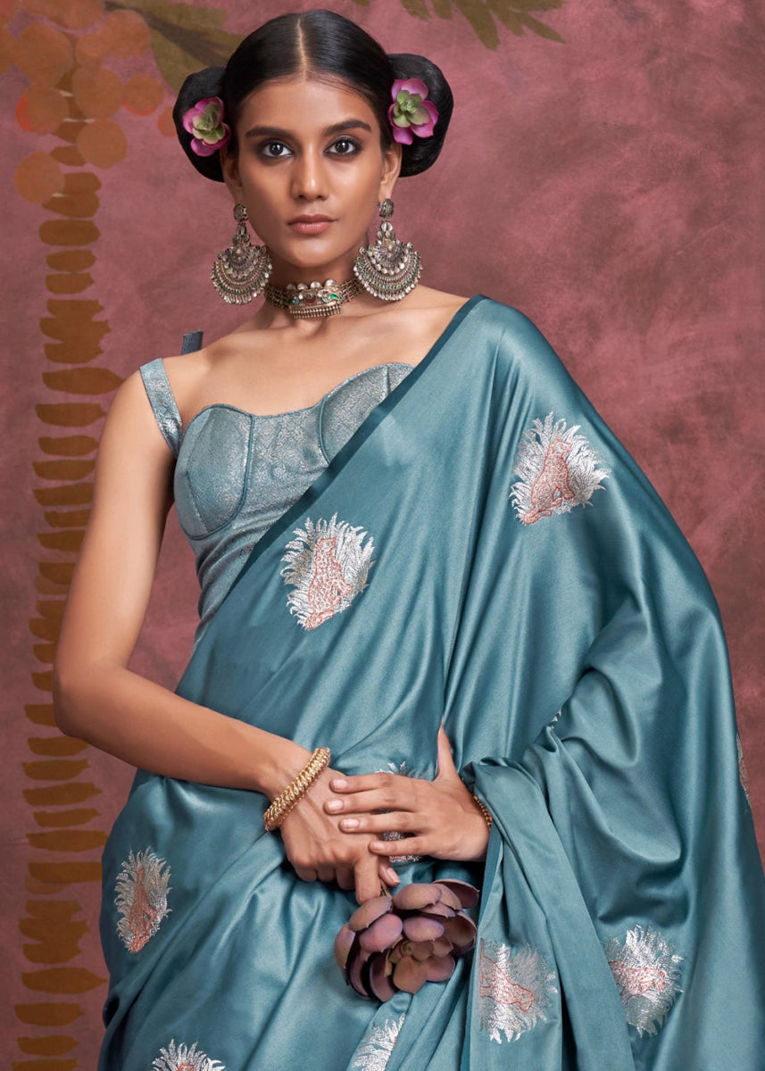 Celadon Blue Satin Silk Saree Handcrafted with a Lustrous Drape - House of Sarvati LLC