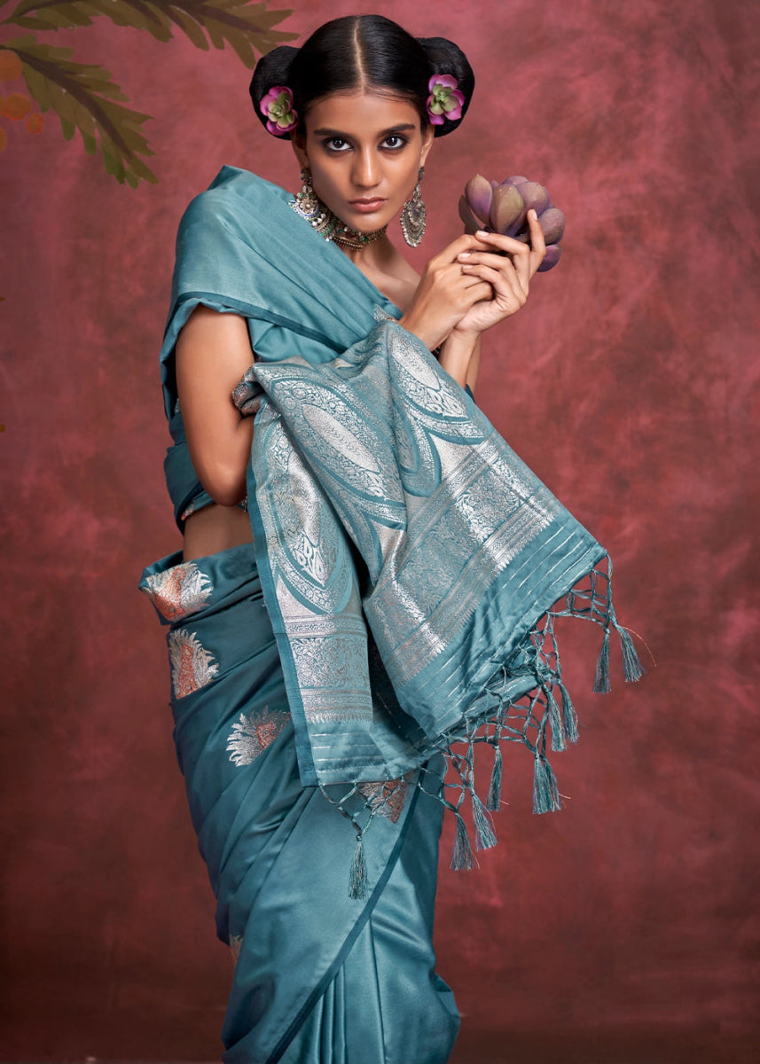 Celadon Blue Satin Silk Saree Handcrafted with a Lustrous Drape - House of Sarvati LLC