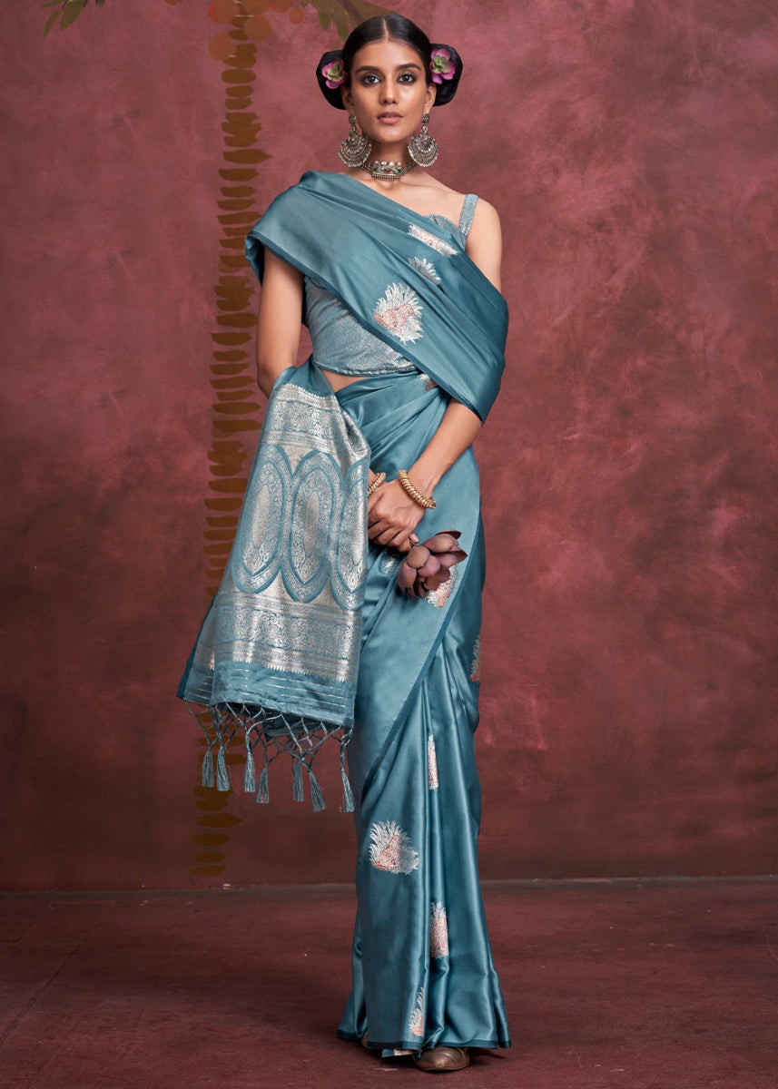 Celadon Blue Satin Silk Saree Handcrafted with a Lustrous Drape - House of Sarvati LLC