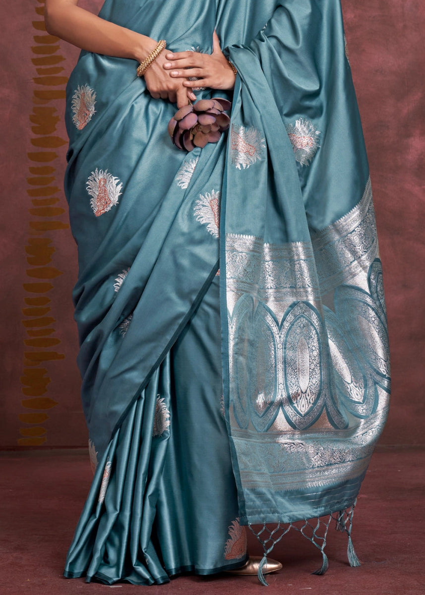 Celadon Blue Satin Silk Saree Handcrafted with a Lustrous Drape - House of Sarvati LLC
