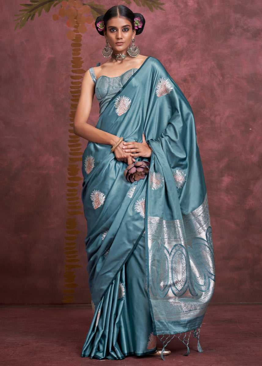Celadon Blue Satin Silk Saree Handcrafted with a Lustrous Drape - House of Sarvati LLC