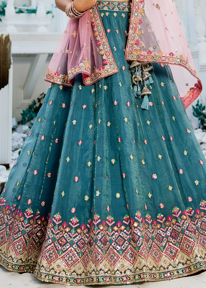 Celadon Blue Tissue Lehenga Choli with Sequins and Floral Embroidery - House of Sarvati LLC