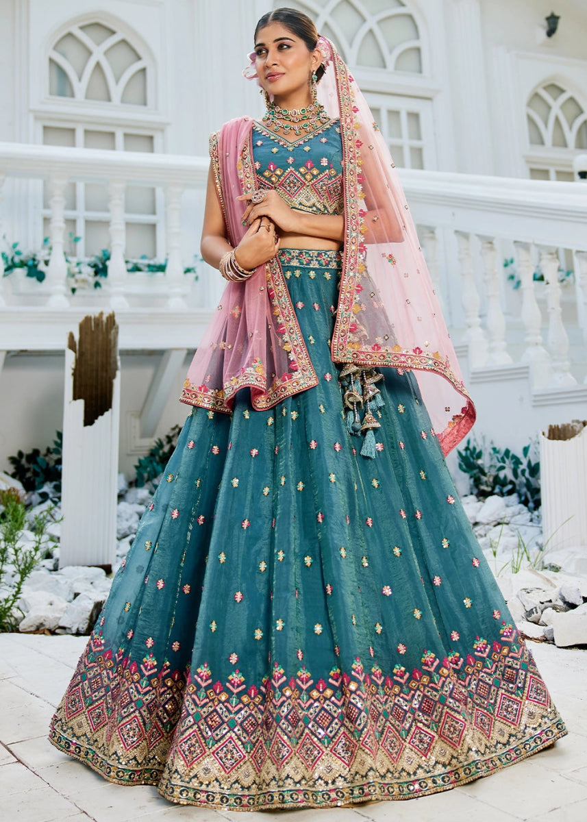 Celadon Blue Tissue Lehenga Choli with Sequins and Floral Embroidery - House of Sarvati LLC