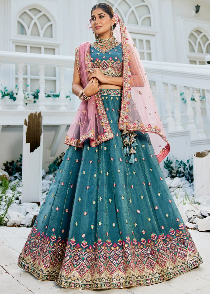 Celadon Blue Tissue Lehenga Choli with Sequins and Floral Embroidery - House of Sarvati LLC