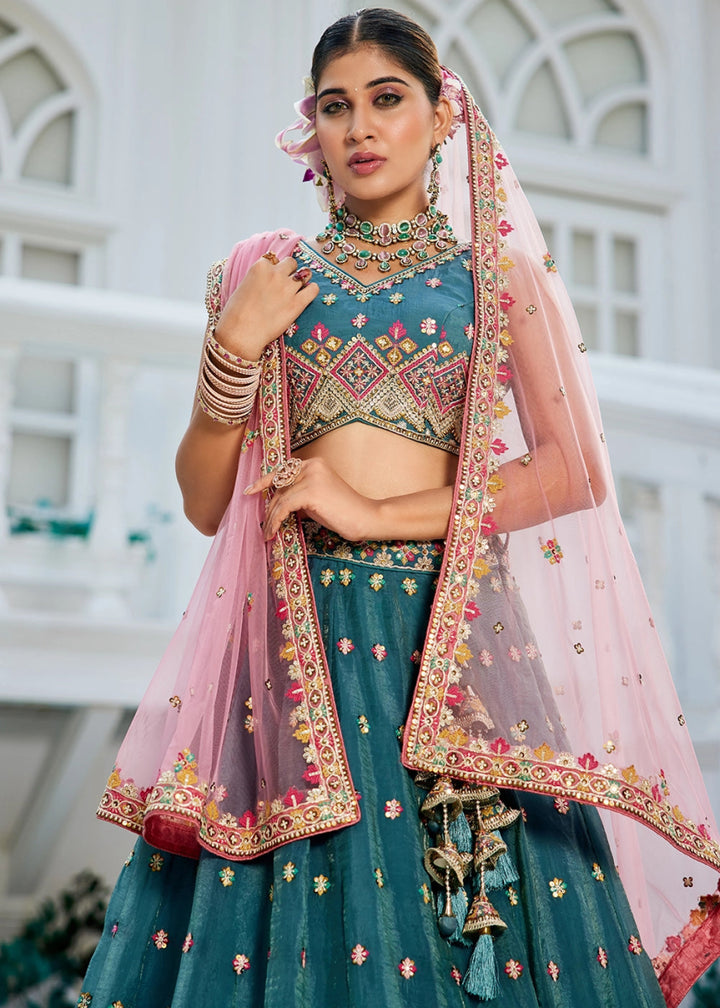 Celadon Blue Tissue Lehenga Choli with Sequins and Floral Embroidery - House of Sarvati LLC