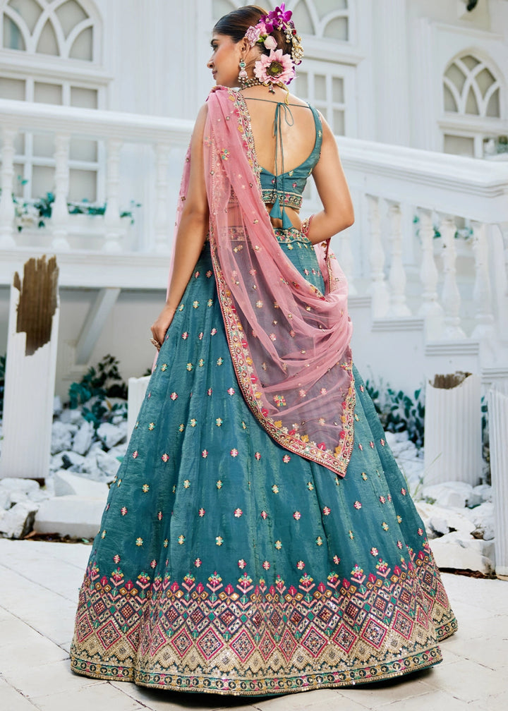 Celadon Blue Tissue Lehenga Choli with Sequins and Floral Embroidery - House of Sarvati LLC
