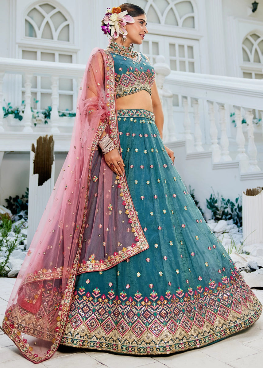 Celadon Blue Tissue Lehenga Choli with Sequins and Floral Embroidery - House of Sarvati LLC