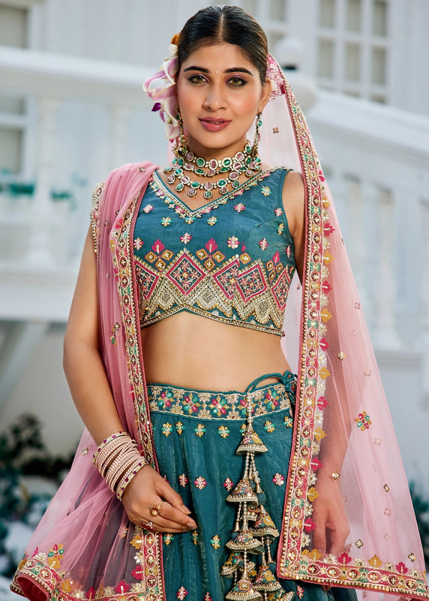 Celadon Blue Tissue Lehenga Choli with Sequins and Floral Embroidery - House of Sarvati LLC