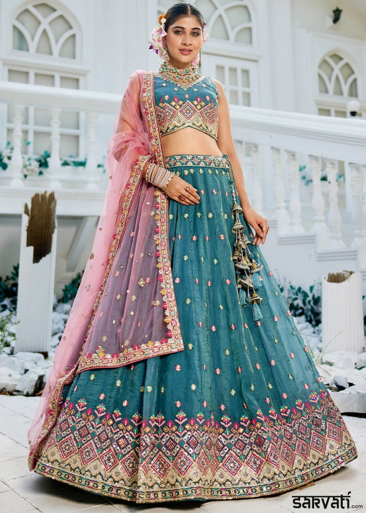 Celadon Blue Tissue Lehenga Choli with Sequins and Floral Embroidery - House of Sarvati LLC