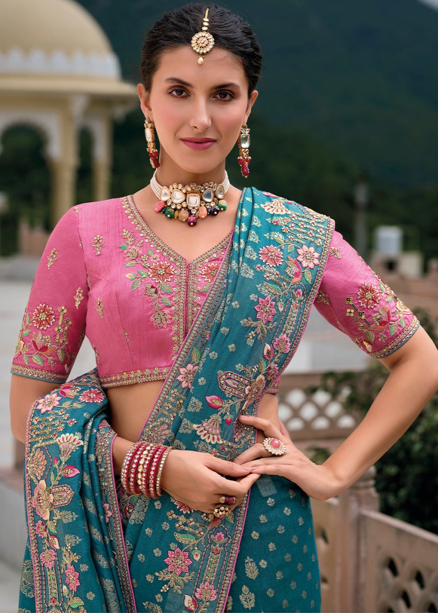 Celadon Blue Viscose Silk Saree with Intricate Cutwork & Embroidery - House of Sarvati LLC
