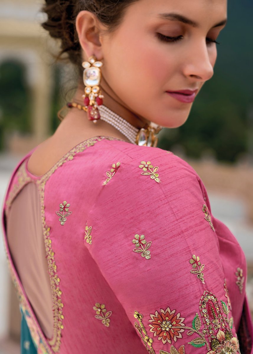Celadon Blue Viscose Silk Saree with Intricate Cutwork & Embroidery - House of Sarvati LLC