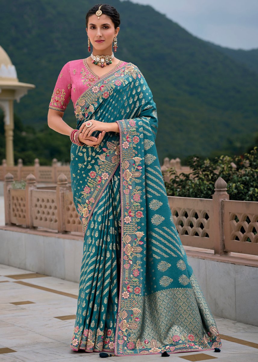 Celadon Blue Viscose Silk Saree with Intricate Cutwork & Embroidery - House of Sarvati LLC