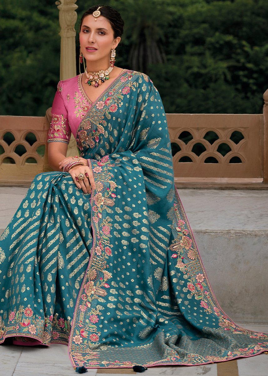 Celadon Blue Viscose Silk Saree with Intricate Cutwork & Embroidery - House of Sarvati LLC