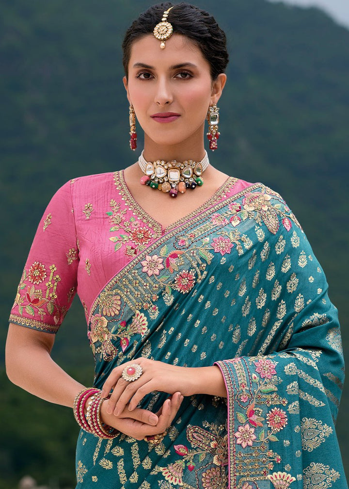 Celadon Blue Viscose Silk Saree with Intricate Cutwork & Embroidery - House of Sarvati LLC
