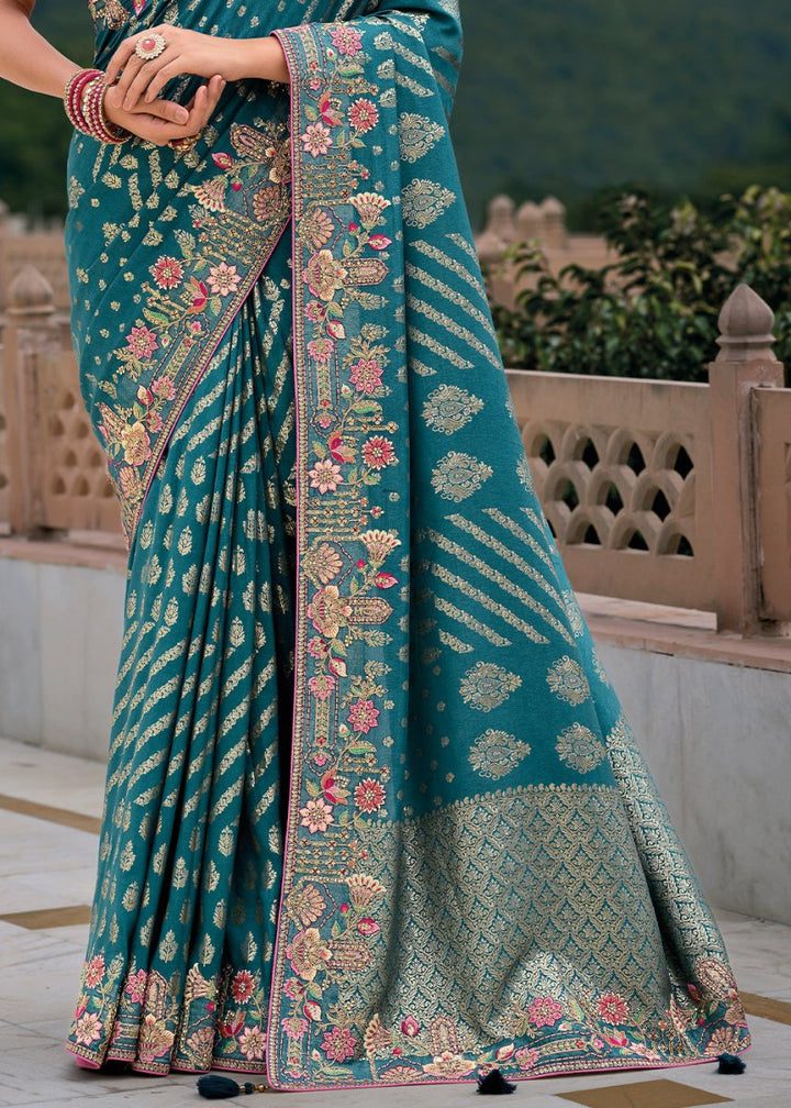 Celadon Blue Viscose Silk Saree with Intricate Cutwork & Embroidery - House of Sarvati LLC