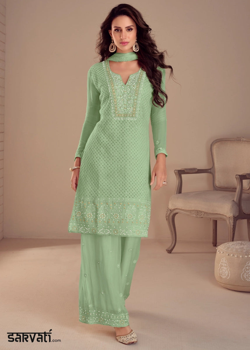 Celadon Green Embroidered Palazzo Suit in Soft Georgette - House of Sarvati LLC