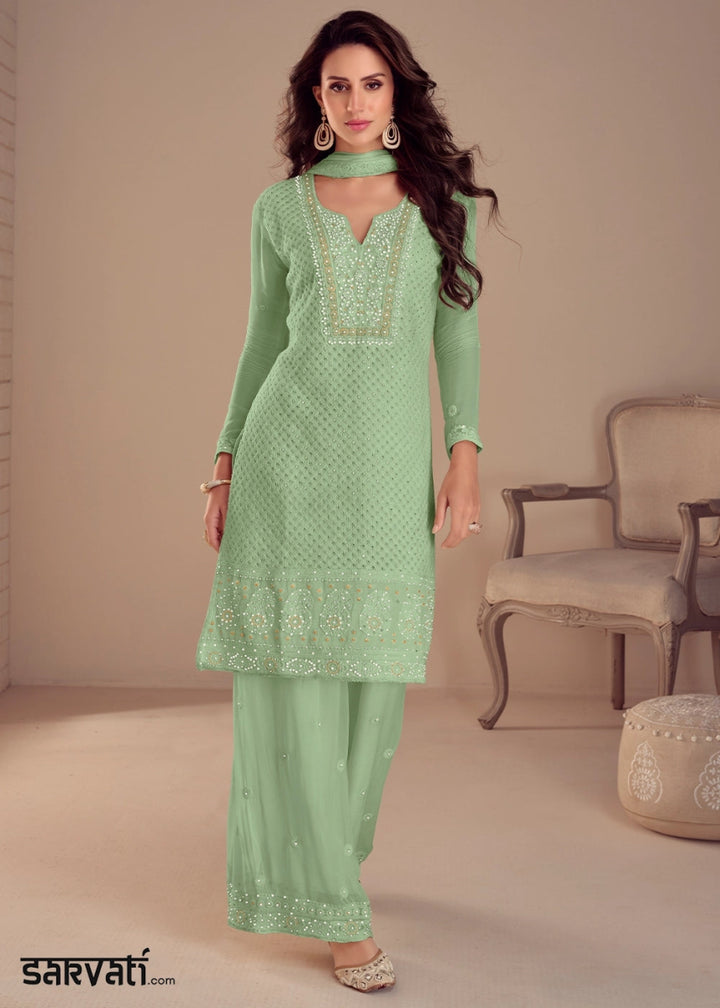 Celadon Green Embroidered Palazzo Suit in Soft Georgette - House of Sarvati LLC