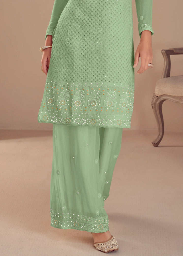 Celadon Green Embroidered Palazzo Suit in Soft Georgette - House of Sarvati LLC
