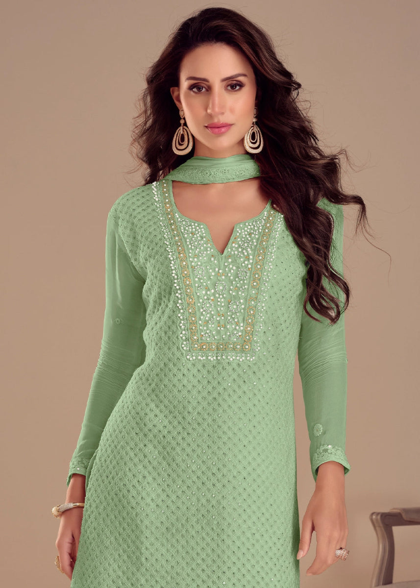 Celadon Green Embroidered Palazzo Suit in Soft Georgette - House of Sarvati LLC