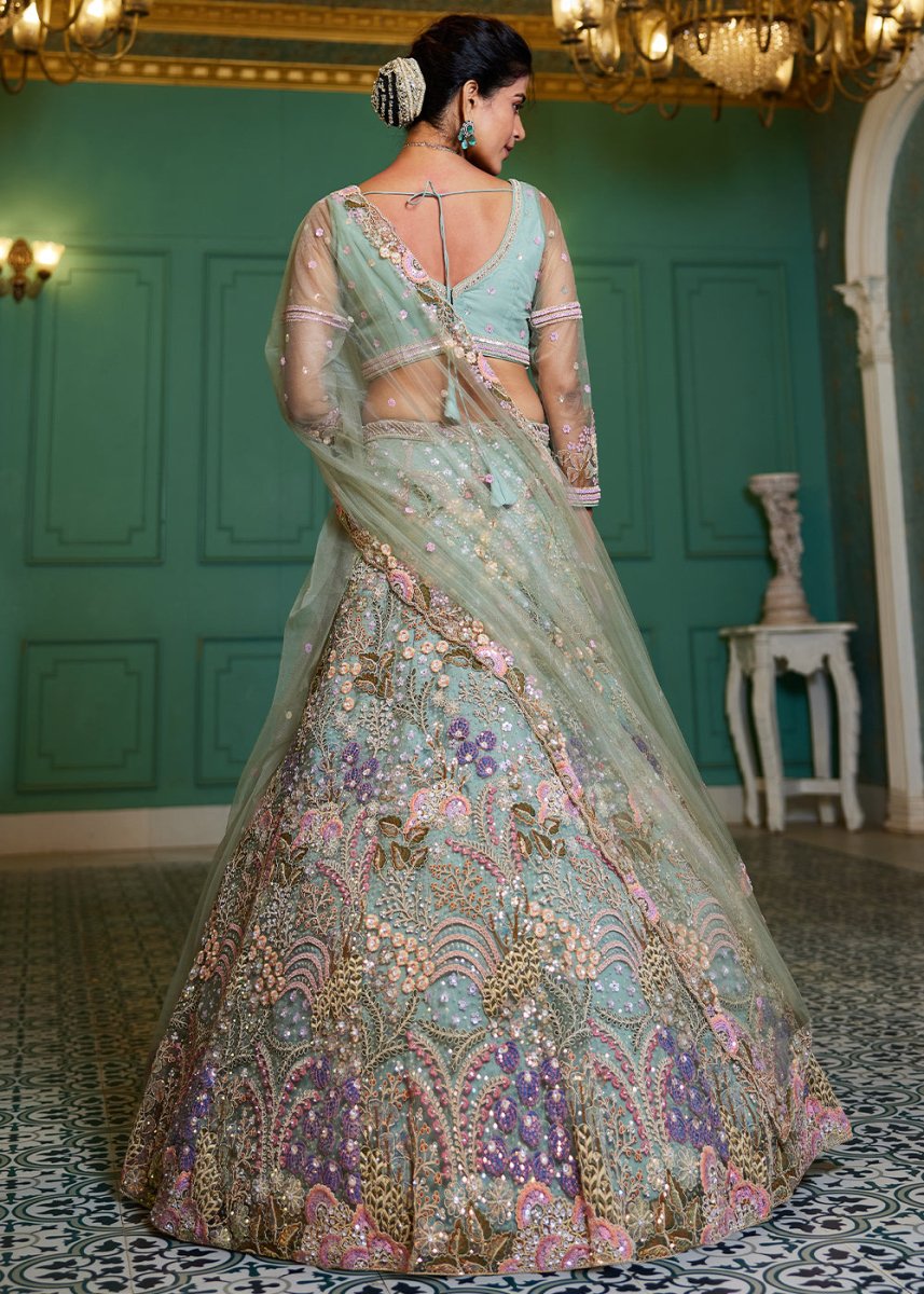 Celadon Green Net Lehenga Choli with Coding & Zarkan Work - House of Sarvati LLC