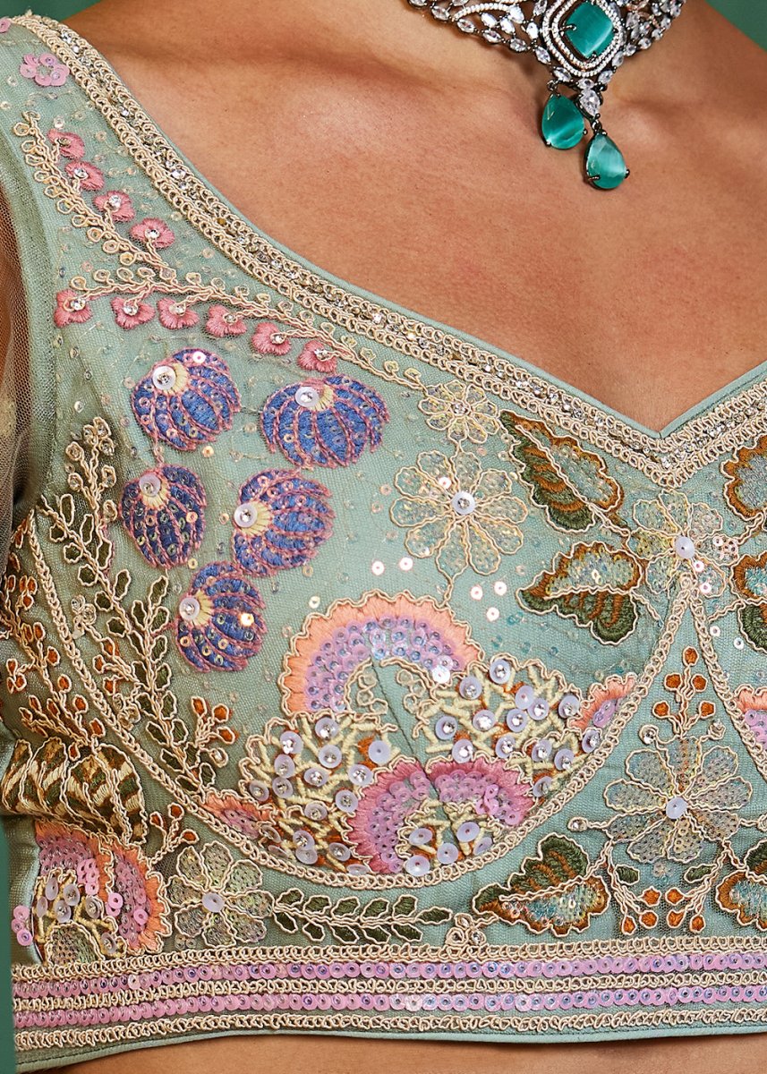 Celadon Green Net Lehenga Choli with Coding & Zarkan Work - House of Sarvati LLC