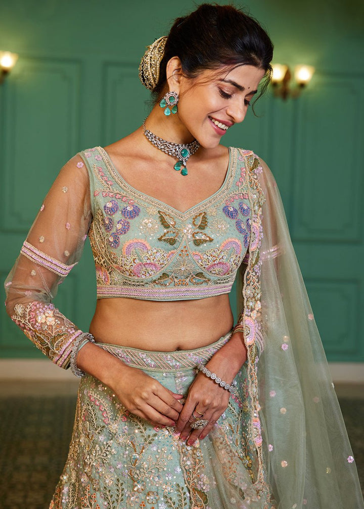 Celadon Green Net Lehenga Choli with Coding & Zarkan Work - House of Sarvati LLC