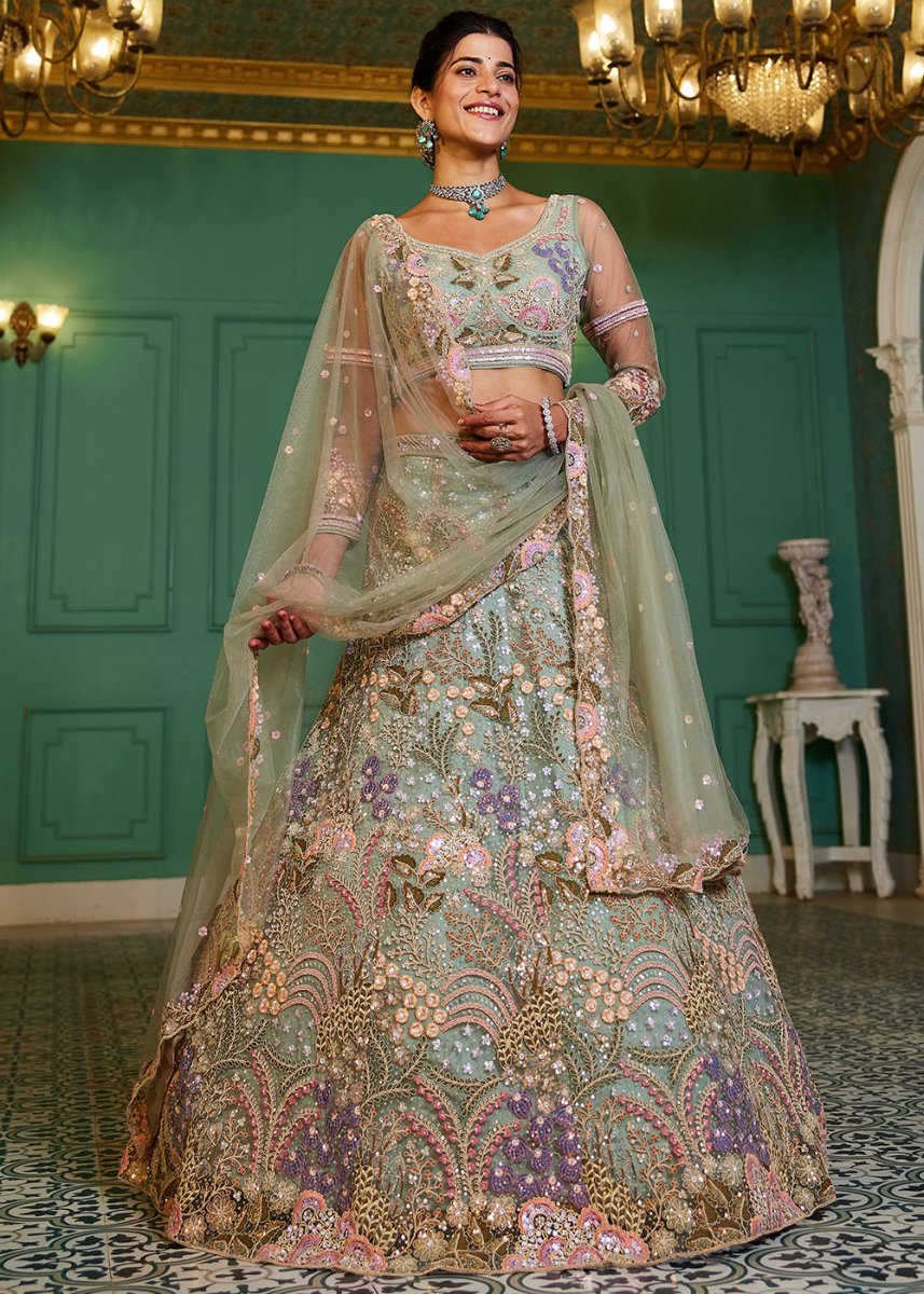 Celadon Green Net Lehenga Choli with Coding & Zarkan Work - House of Sarvati LLC