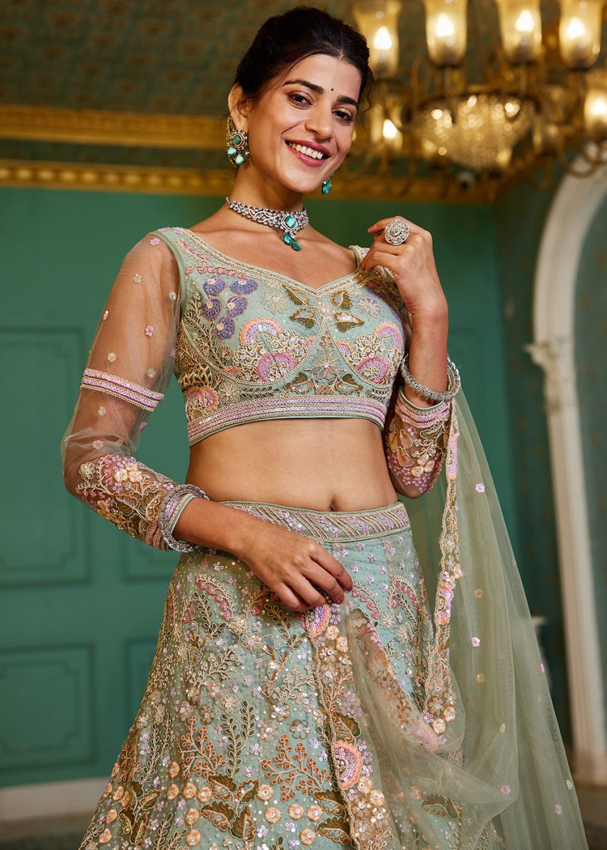 Celadon Green Net Lehenga Choli with Coding & Zarkan Work - House of Sarvati LLC