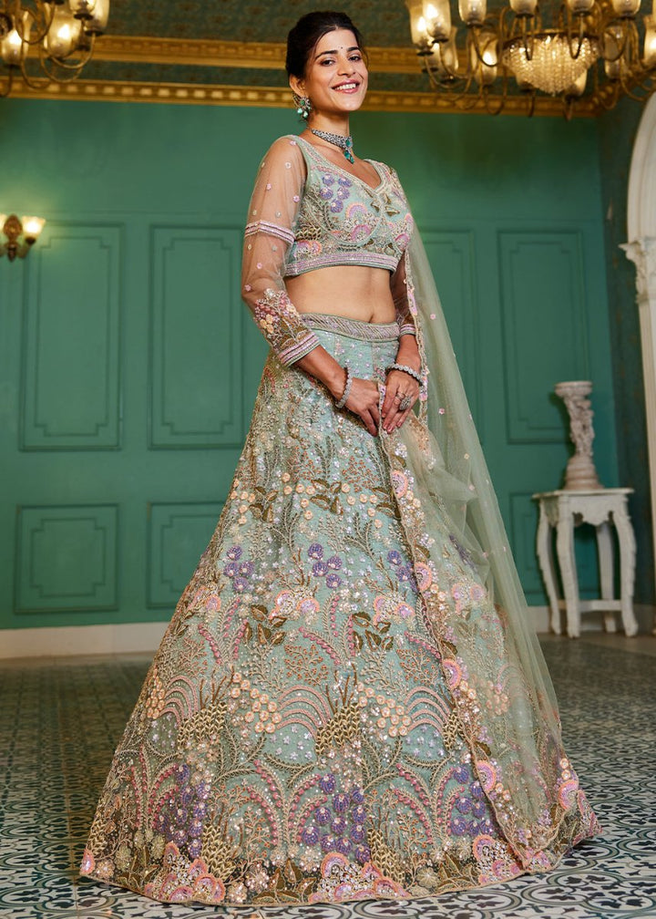 Celadon Green Net Lehenga Choli with Coding & Zarkan Work - House of Sarvati LLC