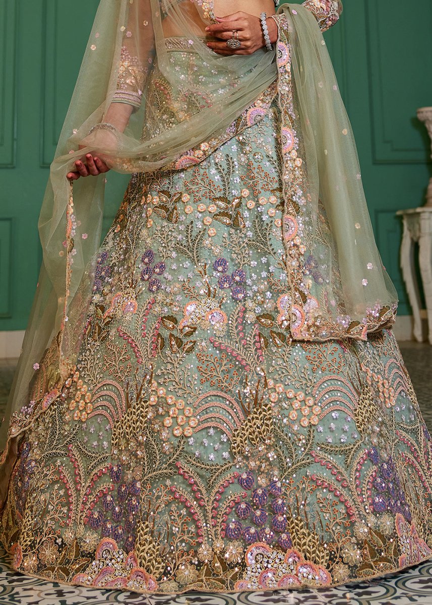 Celadon Green Net Lehenga Choli with Coding & Zarkan Work - House of Sarvati LLC