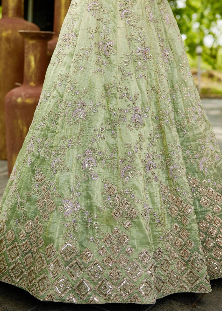 Celadon Green Tissue Lehenga Choli with Sequins and Floral Embroidery - House of Sarvati LLC