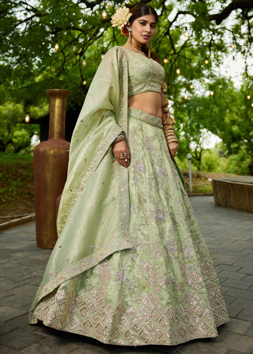 Celadon Green Tissue Lehenga Choli with Sequins and Floral Embroidery - House of Sarvati LLC