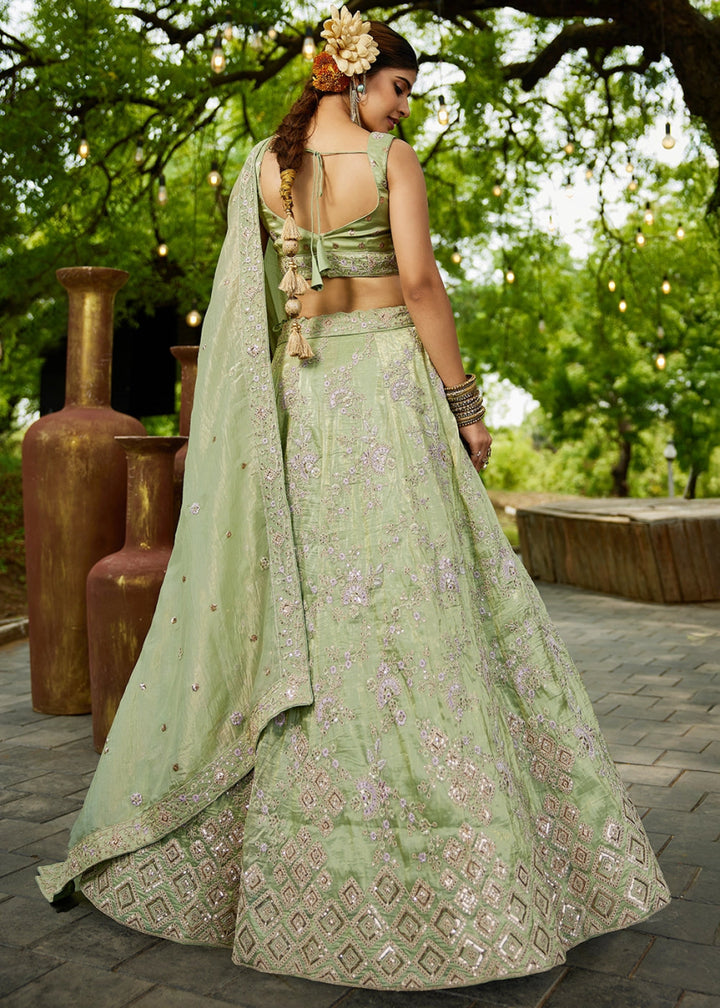 Celadon Green Tissue Lehenga Choli with Sequins and Floral Embroidery - House of Sarvati LLC