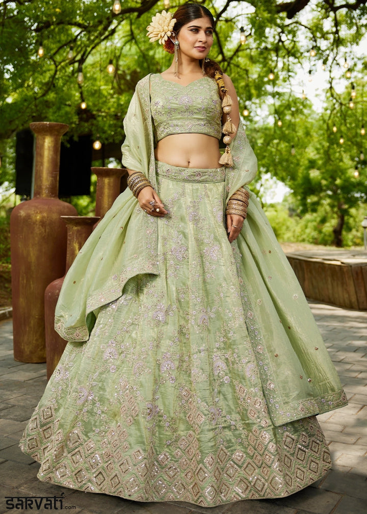 Celadon Green Tissue Lehenga Choli with Sequins and Floral Embroidery - House of Sarvati LLC