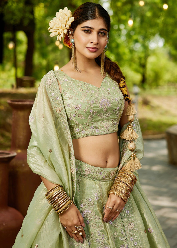 Celadon Green Tissue Lehenga Choli with Sequins and Floral Embroidery - House of Sarvati LLC