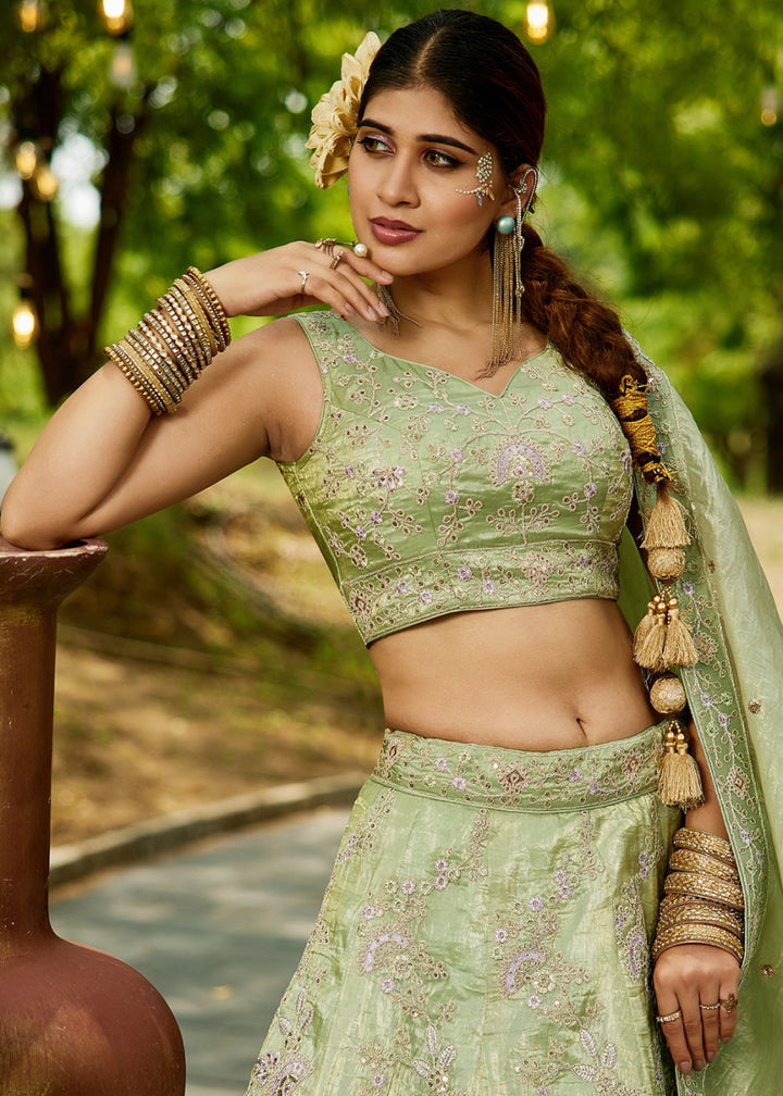 Celadon Green Tissue Lehenga Choli with Sequins and Floral Embroidery - House of Sarvati LLC