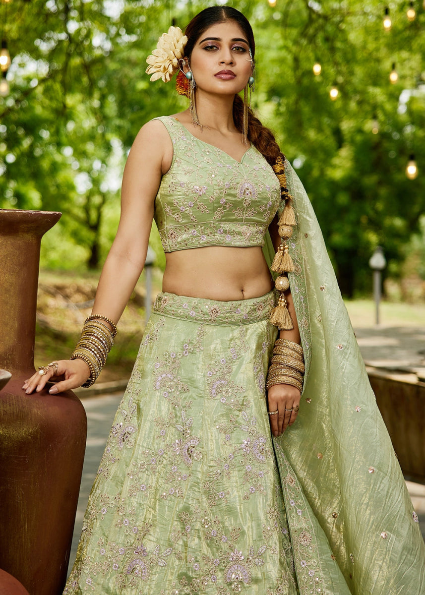Celadon Green Tissue Lehenga Choli with Sequins and Floral Embroidery - House of Sarvati LLC
