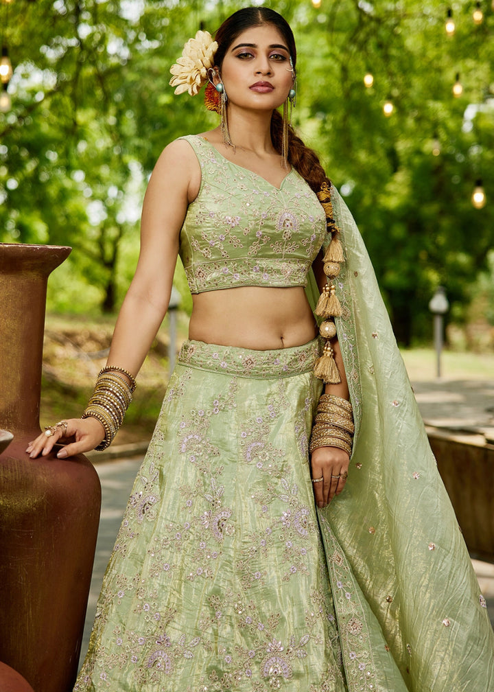 Celadon Green Tissue Lehenga Choli with Sequins and Floral Embroidery - House of Sarvati LLC