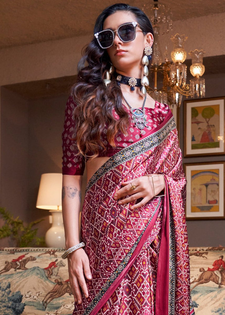Cerise Pink Satin Crepe Saree with Traditional Patola Print - House of Sarvati LLC