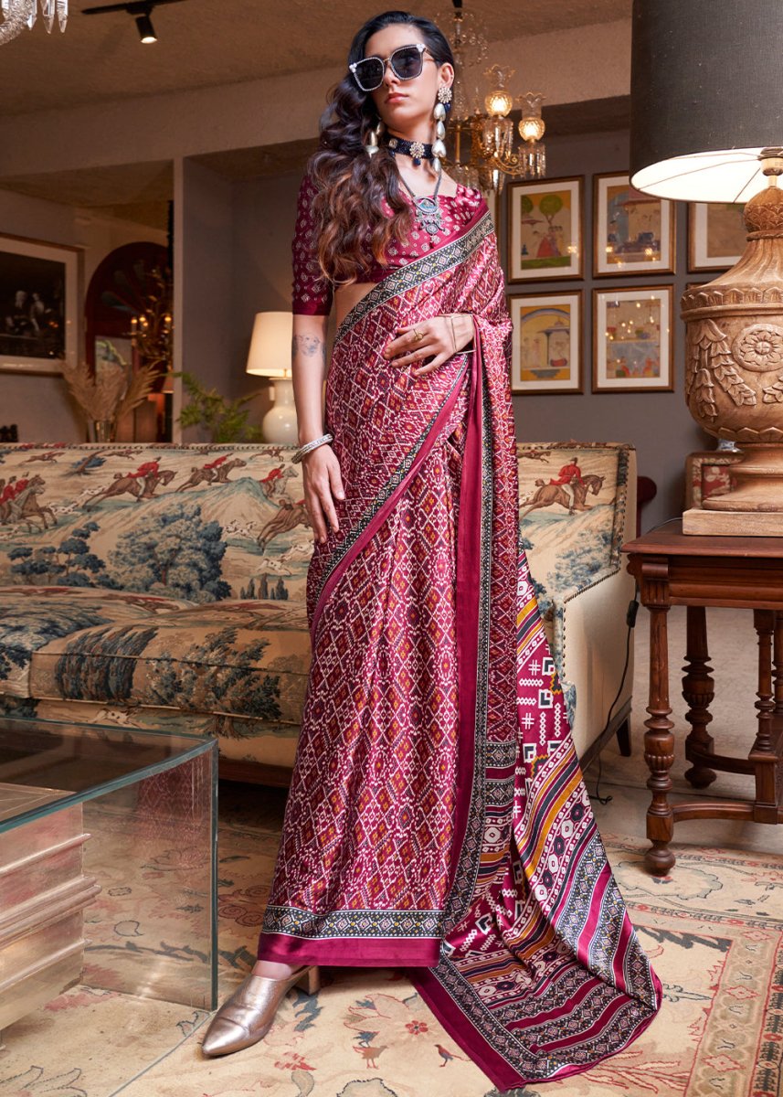 Cerise Pink Satin Crepe Saree with Traditional Patola Print - House of Sarvati LLC