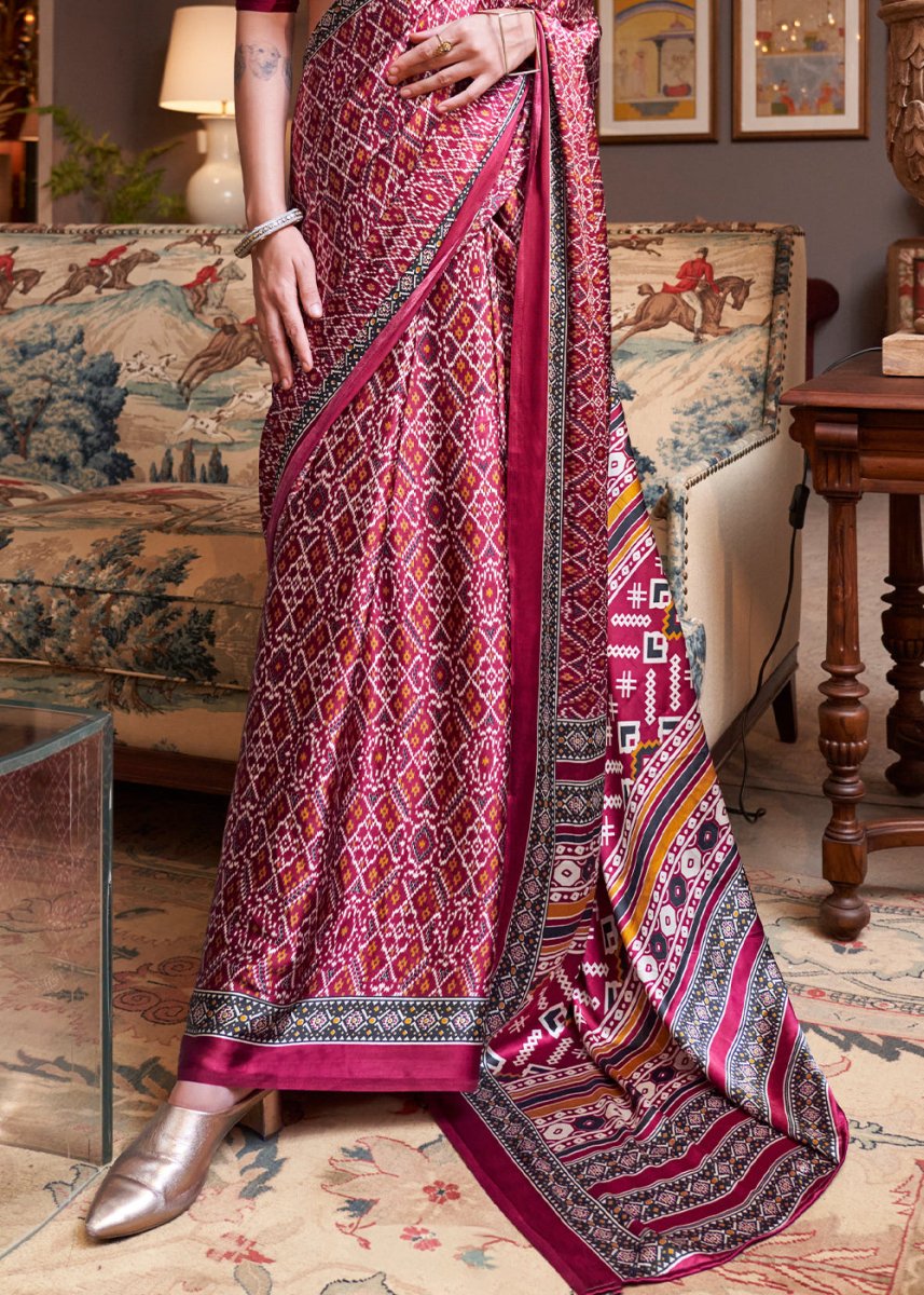Cerise Pink Satin Crepe Saree with Traditional Patola Print - House of Sarvati LLC