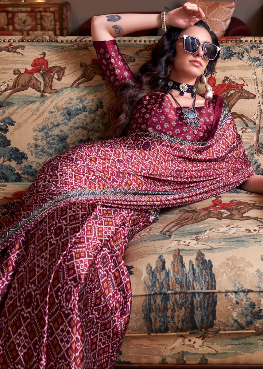 Cerise Pink Satin Crepe Saree with Traditional Patola Print - House of Sarvati LLC
