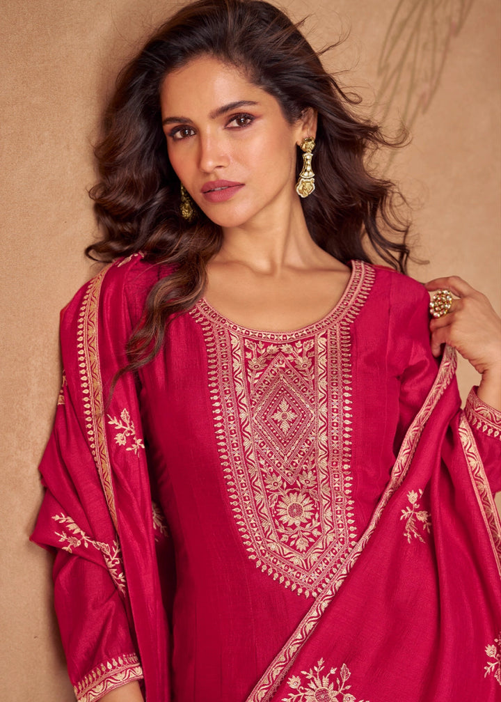 Cerise Pink Silk Anarkali Gown with Handcrafted Embroidery - House of Sarvati LLC